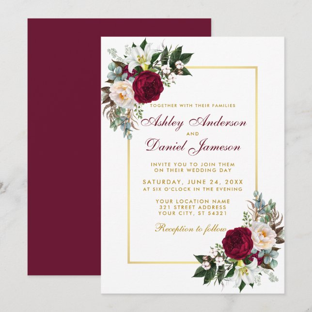 Invitation Bourgogne Floral Verdure Or encadré Mariage (Devant / Derrière)