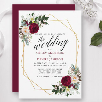 Invitation Bourgogne Floral Vert Calligraphie Mariage Or