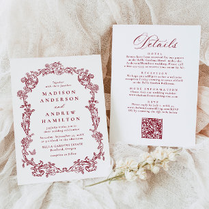 Invitation Bourgogne Floral Victorian Tout en Un Mariage