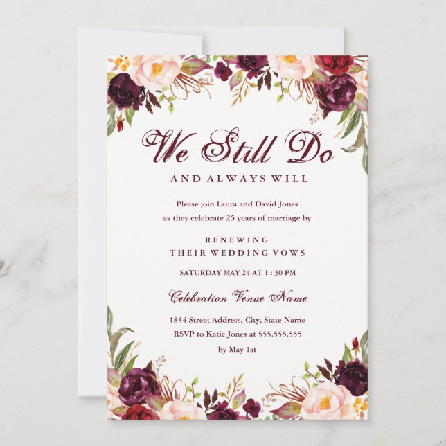 Invitation Bourgogne Floral Vow Renouvellement Anniversaire I (Devant)