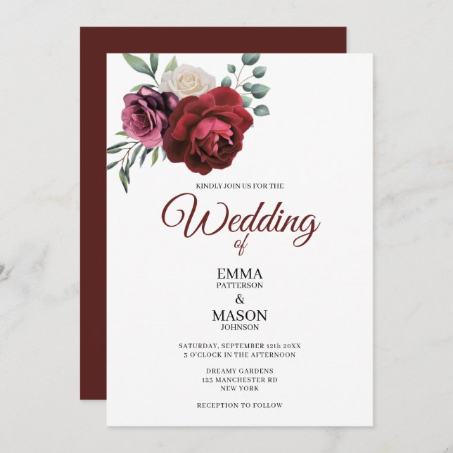 Invitation Bourgogne Florale Élégante (Devant / Derrière)