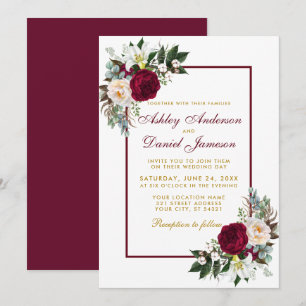 Invitation Bourgogne Flore Verdure Mariage encadré Or