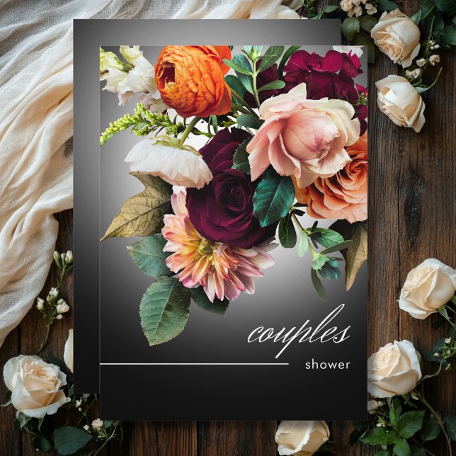 Invitation Bourgogne foncé Orange Floral Romance Couples Douc (Dark Burgundy Orange Floral Romance Couples Shower Invitation)