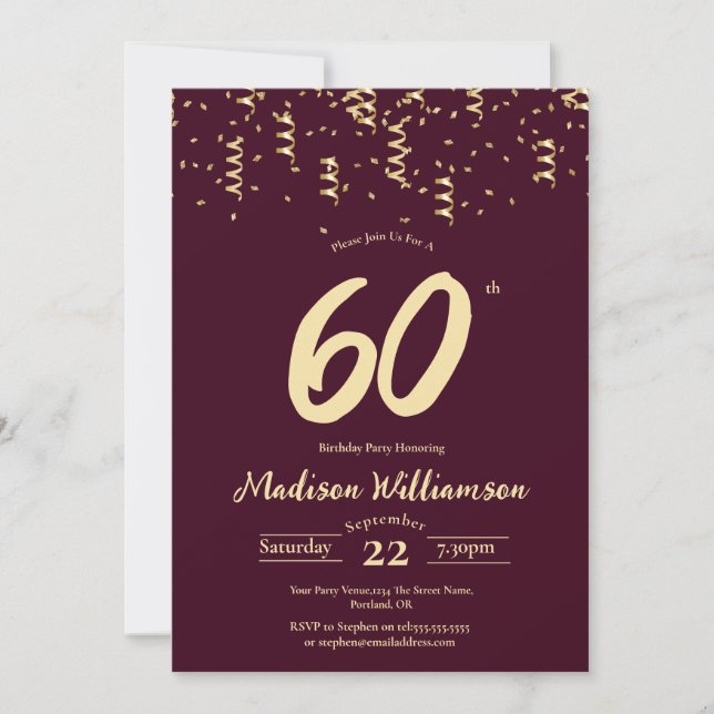 Invitation Bourgogne & Gold 60e fête d'anniversaire (Devant)