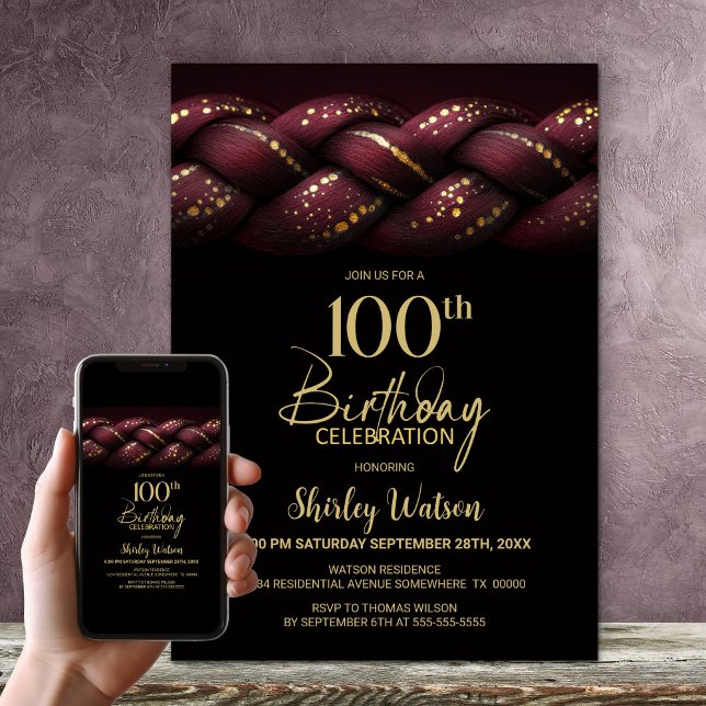 Invitation Bourgogne Gold Braid 100e fête d'anniversaire (Créateur téléchargé)