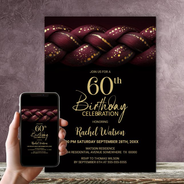 Invitation Bourgogne Gold Braid 60e fête d'anniversaire (Créateur téléchargé)