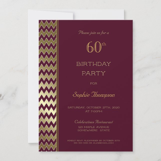 Invitation Bourgogne Gold Chevron rayé 60e fête d'anniversair (Devant)