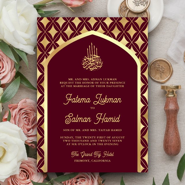 Invitation Bourgogne Gold Diamonds Arch Mariage musulman (Créateur téléchargé)