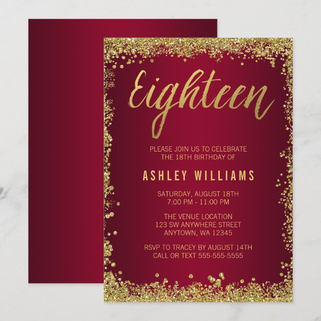 Invitation Bourgogne Gold Faux Parties scintillant 18e annive (Devant / Derrière)