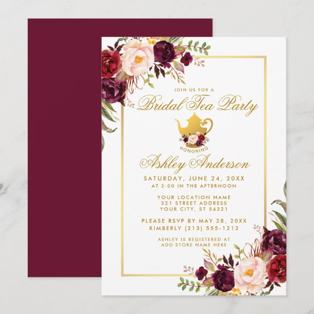 Invitation Bourgogne Gold Fête des mariées Tea Party Invitati (Devant / Derrière)
