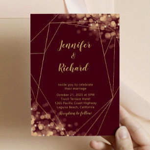 Invitation Bourgogne & Gold Frame avec Bokeh Lights Invitatio