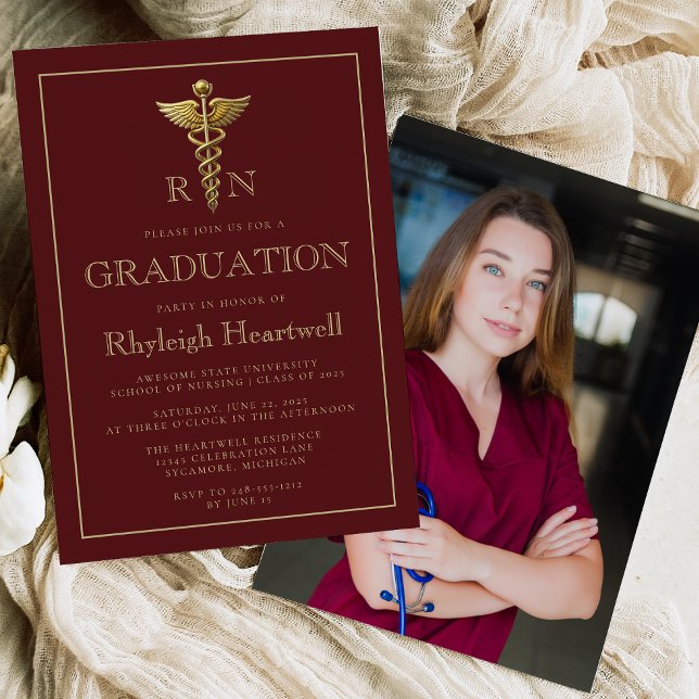 Invitation Bourgogne Gold Nurse RN Photo Graduation Party (Créateur téléchargé)