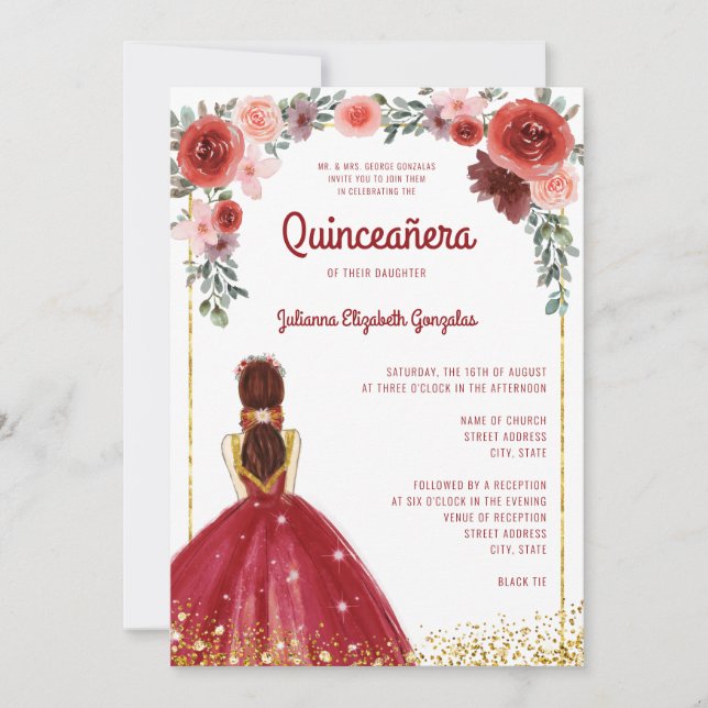 Invitation Bourgogne Gold Parties scintillant Floral Princess (Devant)