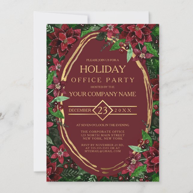 Invitation Bourgogne Gold Poinsettia Ivy Corporate Holiday (Devant)