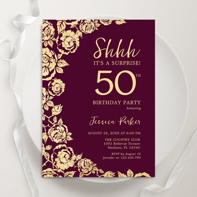 Invitation Bourgogne Gold Roses surprise 50e anniversaire (Créateur téléchargé)
