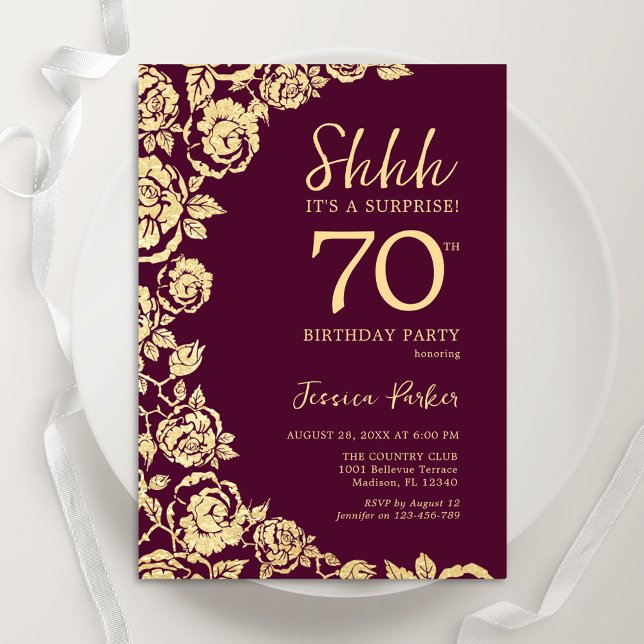 Invitation Bourgogne Gold Roses Surprise 70e anniversaire (Créateur téléchargé)