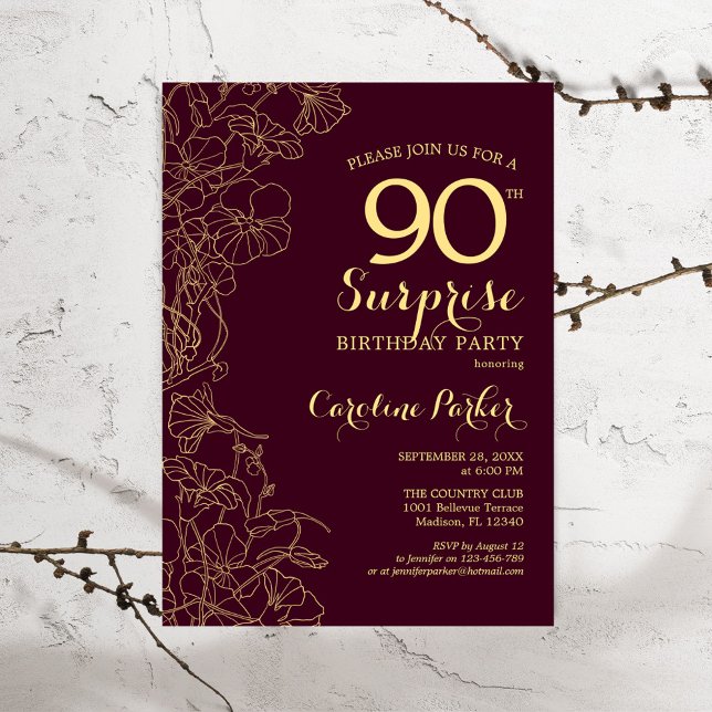 Invitation Bourgogne Gold Surprise 90e fête d'anniversaire (Créateur téléchargé)