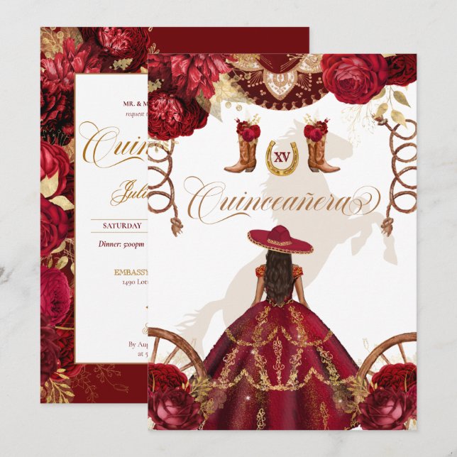 Invitation Bourgogne Gold Western Charro Quinceañera 2 faces (Devant / Derrière)