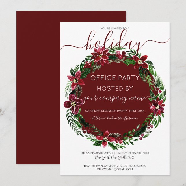 Invitation Bourgogne Green Floral Wreath Corporate Holiday (Devant / Derrière)