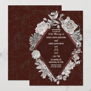 Invitation Bourgogne Grenat Diamant Fleurs Vintage Mariage