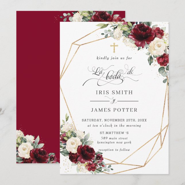 Invitation Bourgogne Ivory Floral Rose Boda Mariage espagnol (Devant / Derrière)