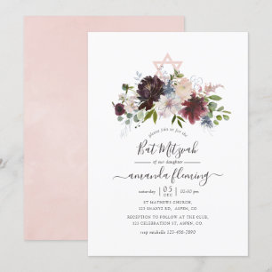 Invitation Bourgogne, marine et Bat mitzvah blush