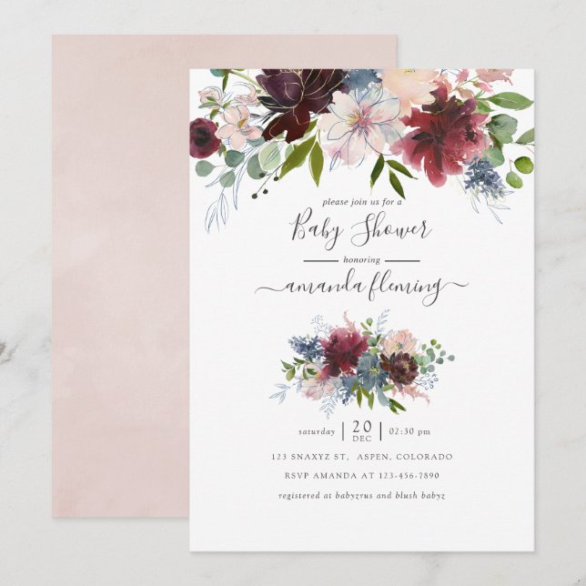 Invitation Bourgogne, Marine et Blush Baby shower floral (Devant / Derrière)