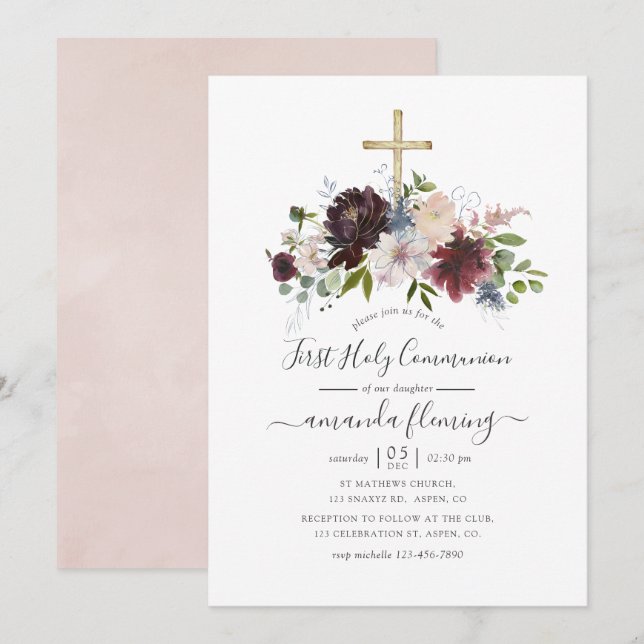 Invitation Bourgogne, Marine et Blush Floral Holy Communion (Devant / Derrière)
