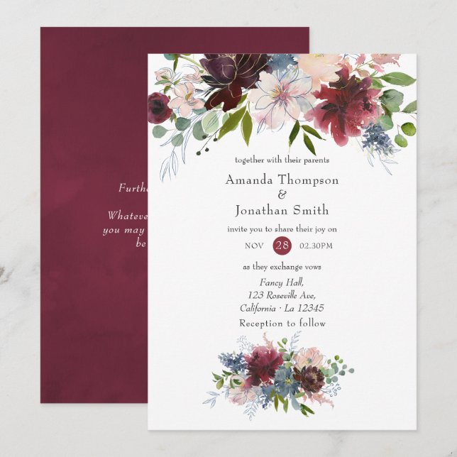 Invitation Bourgogne, marine et Mariage floral rose pâle (Devant / Derrière)