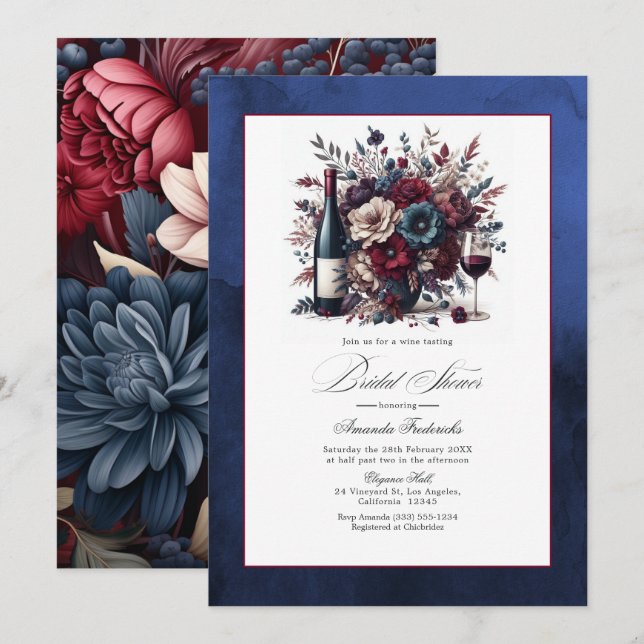 Invitation Bourgogne & Marine Floral Vin à thème Fête des mar (Devant / Derrière)