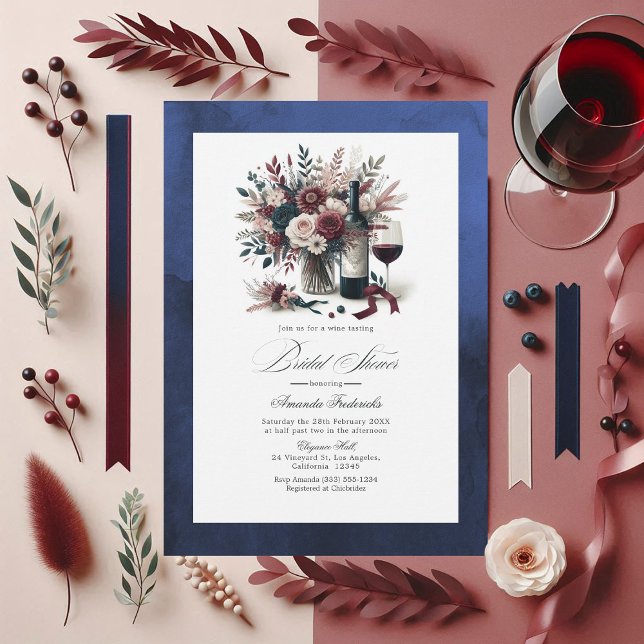 Invitation Bourgogne & Marine Floral Vin Boho Fête des mariée (Burgundy and Navy Floral Wine Boho Bridal Shower Invitation)