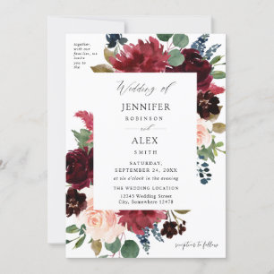 Invitation Bourgogne & Marine, Mariage floral rose pâle 3