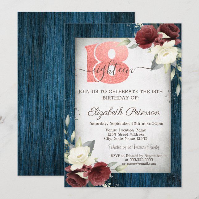 Invitation Bourgogne Marine Rose Bleu Bois 18e anniversaire (Devant / Derrière)