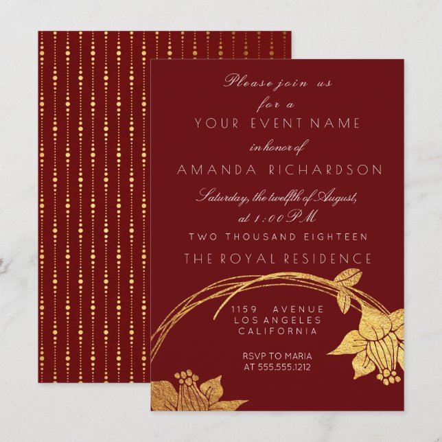 Invitation Bourgogne Marron Champagne Or Floral Rouge (Devant / Derrière)
