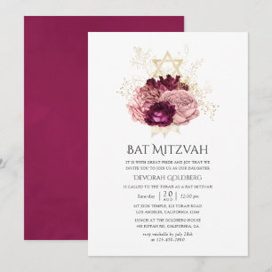 Invitation Bourgogne Marsala Blush Bat mitzvah rose et or
