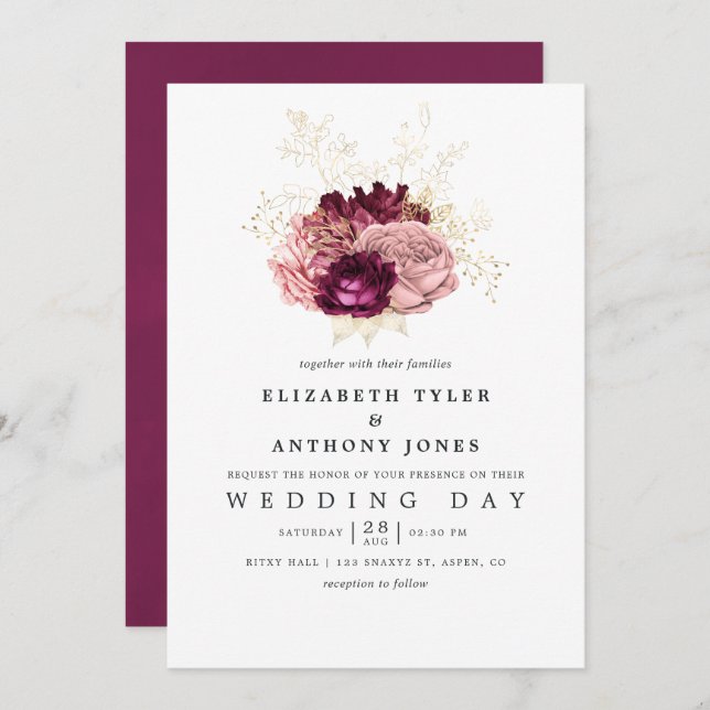 Invitation Bourgogne - Marsala Blush Mariage rose et or (Devant / Derrière)