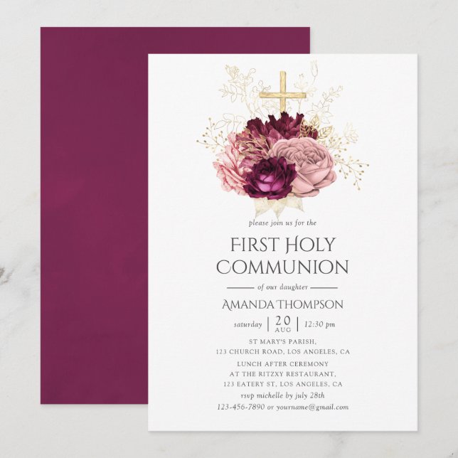 Invitation Bourgogne Marsala Blush Pink & Gold Holy Communion (Devant / Derrière)