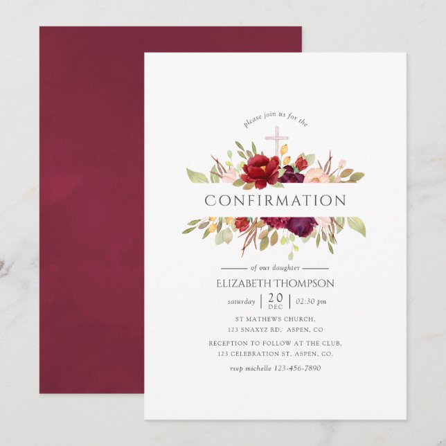 Invitation Bourgogne - Marsala et Blush Floral Confirmation (Devant / Derrière)