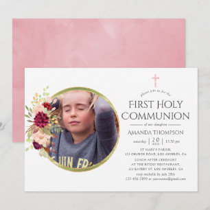 Invitation Bourgogne-Marsala et Blush Première Communion