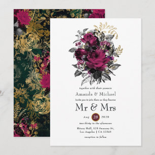 Invitation Bourgogne - Marsala et Gold Floral Mariage