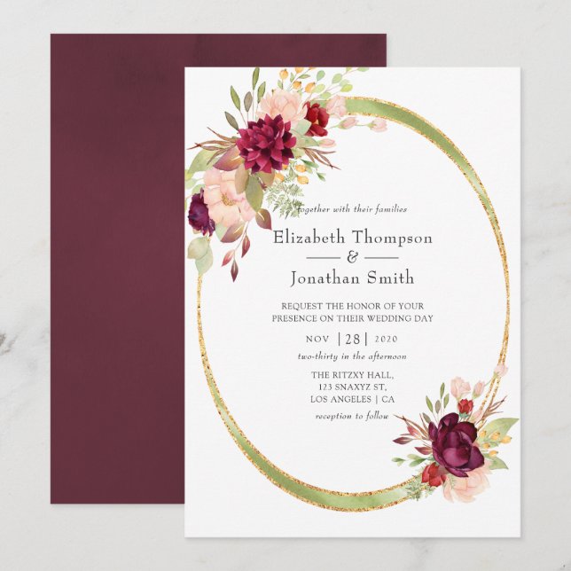 Invitation Bourgogne - Marsala et Mariage géométrique Blush (Devant / Derrière)