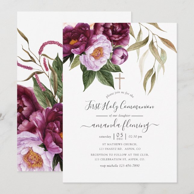 Invitation Bourgogne - Marsala et Peach Floral Holy Communion (Devant / Derrière)