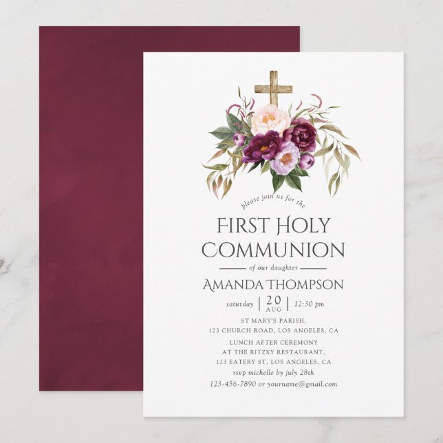 Invitation Bourgogne/Marsala et Peach Première communion sain (Devant / Derrière)