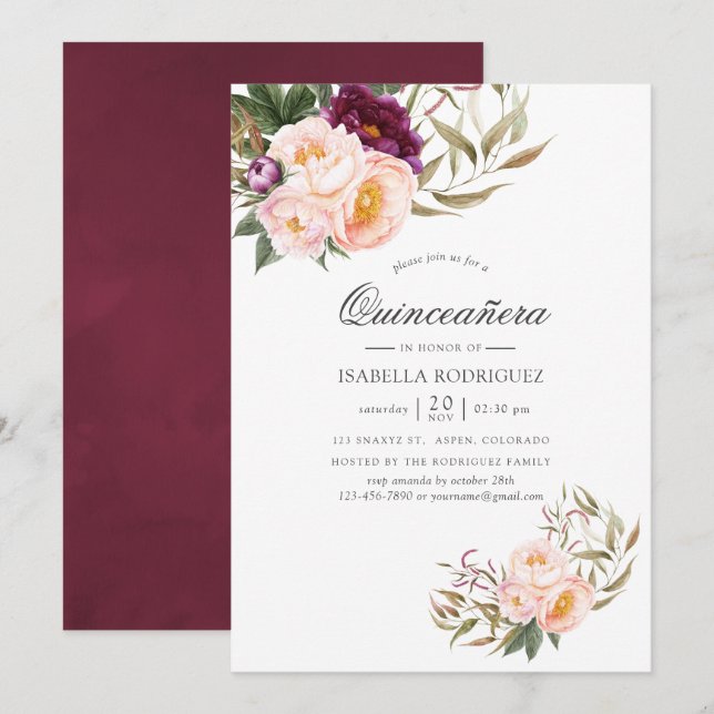 Invitation Bourgogne - Marsala et Pêche Floral Quinceañera (Devant / Derrière)