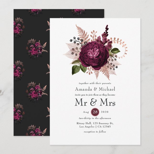 Invitation Bourgogne - Marsala et Rose Gold Floral Mariage (Devant / Derrière)