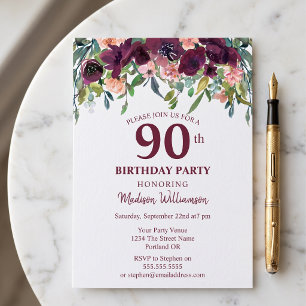 Invitation Bourgogne Marsala Floral 90e anniversaire