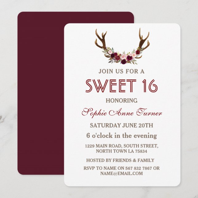 Invitation Bourgogne Marsala Floral Antlers Sweet 16 Invitati (Devant / Derrière)
