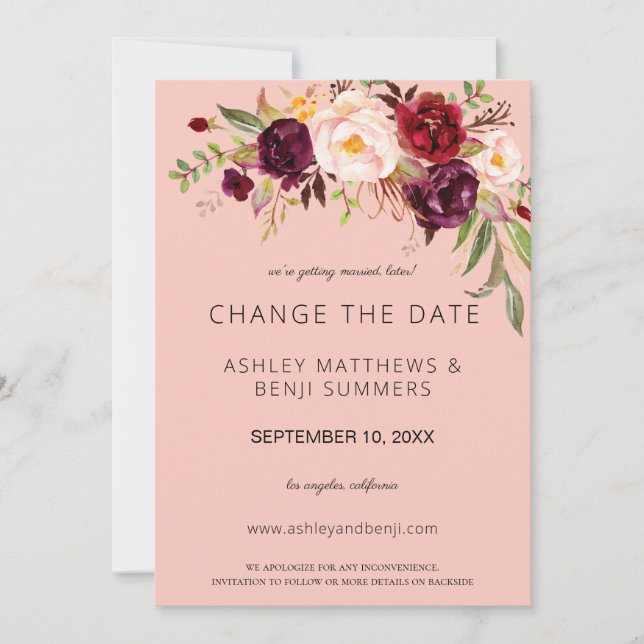 Invitation Bourgogne Marsala Floral Changement de Date - Rose (Devant)