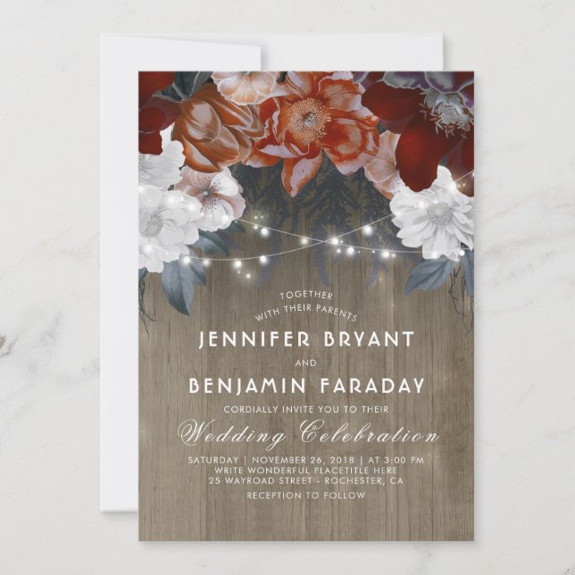 Invitation Bourgogne Marsala Floral Chic String Lumières Mari (Devant)