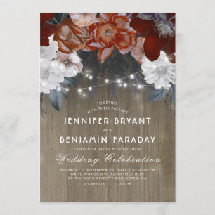 Invitation Bourgogne Marsala Floral Chic String Lumières Mari